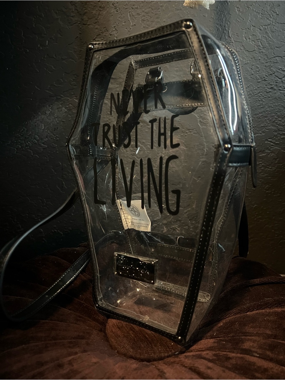 Never Trust the Living clear coffin backpack